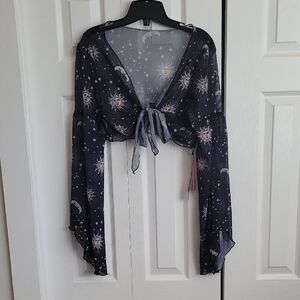 ROMWE Celestial Print Tie-Front Blouse - Black and White